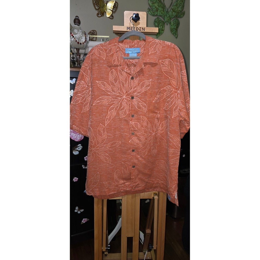 Bermuda Bay Mens Silk Jacquard Tropical Leaf Camp Shirt Orange Short Sleeve Lg
